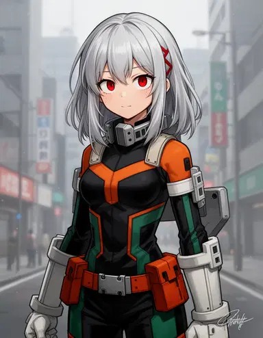 A silver haired My hero academia girl with red eyes wearing a hero costume black, orange, dark green, colored