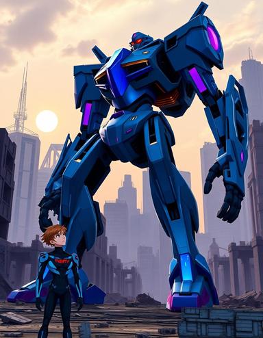in a futuristic, post-apocalyptic cityscape, a massive evangelion unit-01 stands tall, its sleek, metallic body glinting under the pale light of a setting sun, its bright blue and purple accents a striking contrast to the desolate, ruined landscape surrounding it. the eva's powerful limbs are posed in a dynamic stance, as if ready to spring into action at a moment's notice, its massive shoulders squared and its glowing red eyes scanning the horizon for any sign of threat. nearby, shinji ikari, the unit's pilot, a young boy with a look of determination etched on his face, wears the iconic plug suit, adorned with the nerv logo on his chest, as he gazes up at the towering evangelion with a mix of awe and trepidation. the air is thick with tension, and the distant hum of the eva's power core thrums through the atmosphere, a constant reminder of the immense energy and strength that lies within the giant machine. in the background, the city's ruined skyscrapers stretch towards the sky like skeletal fingers, a testament to the devastation wrought by the catastrophic events that have ravaged the world. amidst this bleak backdrop, the evangelion stands as a symbol of hope, a beacon of protection against the monstrous angels that threaten humanity's very existence. as the sun dips lower in the sky, casting a golden glow over the desolate landscape, the scene is one of muted color and stark contrast, where the cold, metallic beauty of the evangelion is juxtaposed against the harsh, unforgiving environment, and the young pilot stands ready to face whatever dangers lie ahead, his bond with the giant machine a crucial factor in the ongoing battle for humanity's survival.