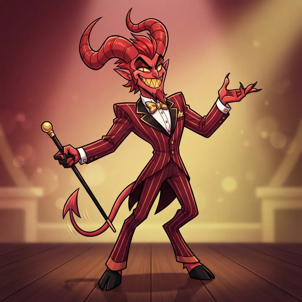 original character: a charismatic cartoon demon in a pinstripe suit and bow tie with curled horns and a wide fanged grin, sharp angular western cartoon style, bold black outlines, red and gold palette, clean soft gradient studio background, vibrant, crisp high detail, digital illustration
