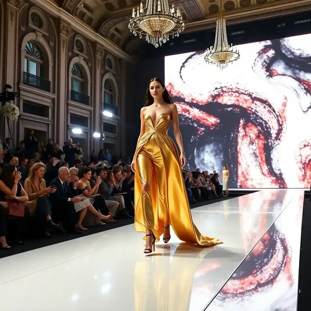 A breathtaking, ultra-high-fashion runway show at Milan Fashion Week, capturing the energy, elegance, and innovation of the fashion world. A model with a striking, avant-garde outfit struts down a reflective catwalk, her dress an architectural masterpiece made of shimmering metallic fabric that flows like liquid gold under the stage lights. The audience, composed of celebrities, designers, and fashion critics, watches in awe. Cameras flash, and the massive LED backdrop displays abstract, artistic visuals that complement the collection’s theme. The venue, a grand historic building with intricate chandeliers and classical architecture, blends old-world luxury with cutting-edge modernity.