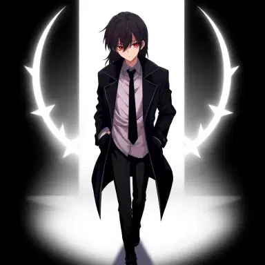 a guy with medium length black hair that reaches his neck and Crimson Red eyes and is wearing a long-sleeved white shirt, a tie, a black coat, and black pants and black shoes in anime style