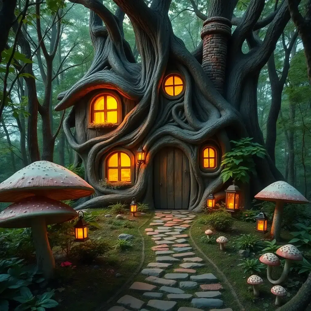 A cozy, fairytale-style dream house hidden in the woods. The house is made of twisted tree roots, with glowing windows and a chimney puffing out gentle smoke. The garden is filled with oversized mushrooms, tiny lanterns, and a cobblestone path leading to a wooden door.