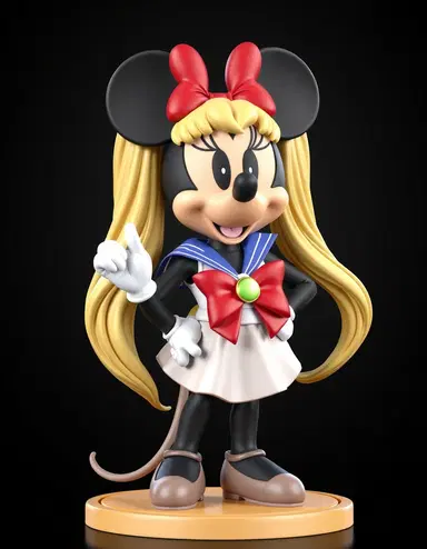 Create a full-body high-end 3D collectible statue with a visible base, designed as a physical object optimized for 3D printing.
IDENTITY / CORE DESCRIPTION
Anthropomorphic mouse character unmistakably recognizable as MINNIE MOUSE styled as Sailor Moon from the Pretty Guardian Sailor Moon universe. This character must clearly be Minnie Mouse wearing the iconic Sailor Moon magical girl outfit, not a reinterpretation, not an inspired creature, and not an abstract entity. The statue must look like a premium high-end collectible statue designed for collectors.
HEAD / CHARACTER DETAILS
Classic Minnie Mouse head with large round ears integrated naturally with Sailor Moonβs iconic hairstyle. Expression confident and heroic like a magical girl ready to protect the world.
HAIR
Long blonde hair styled in Sailor Moonβs signature twin buns (odango) with extremely long flowing twin ponytails.
OUTFIT / CLOTHING
Faithful Sailor Moon magical outfit:
β’ white sailor style top
β’ blue sailor collar
β’ large red bow on the chest
β’ short blue pleated skirt
β’ red knee-high boots with white trim
β’ white gloves with red bands
β’ golden tiara with a red gem
ACCESSORY
Minnie holds Sailor Moonβs magical crescent moon wand raised in the air.
POSE
Dynamic magical girl pose. Minnie Sailor Moon stands with one leg slightly lifted behind and one arm raised holding the moon wand while the other arm extends outward as if casting moon magic.
BASE
Circular magical base with crescent moon shapes, stars and glowing magical energy swirling around the character.
STYLE / MATERIAL
Highly detailed sculpt designed as a premium collectible statue with flowing hair movement, elegant magical girl silhouette and surfaces optimized for physical 3D printing.