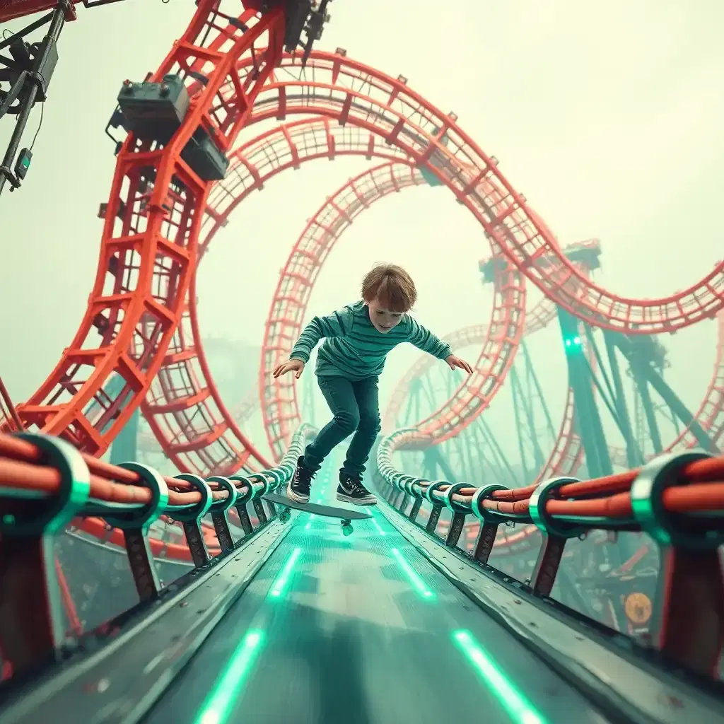 A skateboard kid is skating **cybertronic** ectactically along a twisted and elaborate futuristic roller coaster