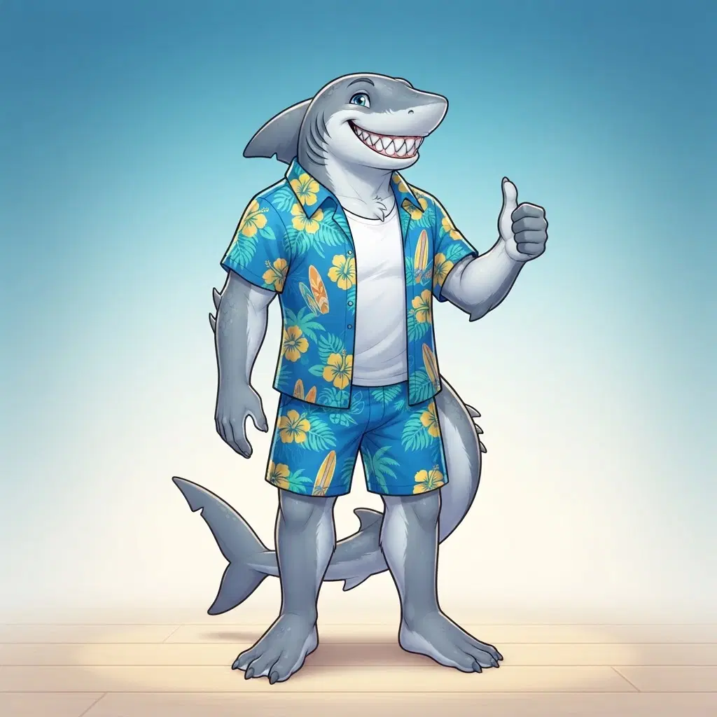 anthro shark fursona character, sleek grey and white skin with a dorsal fin and toothy friendly grin, wearing a blue hawaiian shirt and shorts, relaxed thumbs up pose, full body, expressive furry art style, clean soft gradient studio background, vibrant, crisp high detail, digital illustration