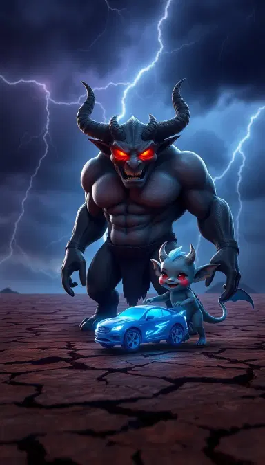 "3D animation style, dark fantasy scene of a huge muscular demon with glowing red eyes and sharp horns standing on cracked dry ground under a stormy sky with lightning, next to him a cute little baby demon with small wings, horns, and a tail is happily holding a glowing holographic blue toy car, cinematic lighting, ultra-detailed, dramatic atmosphere"