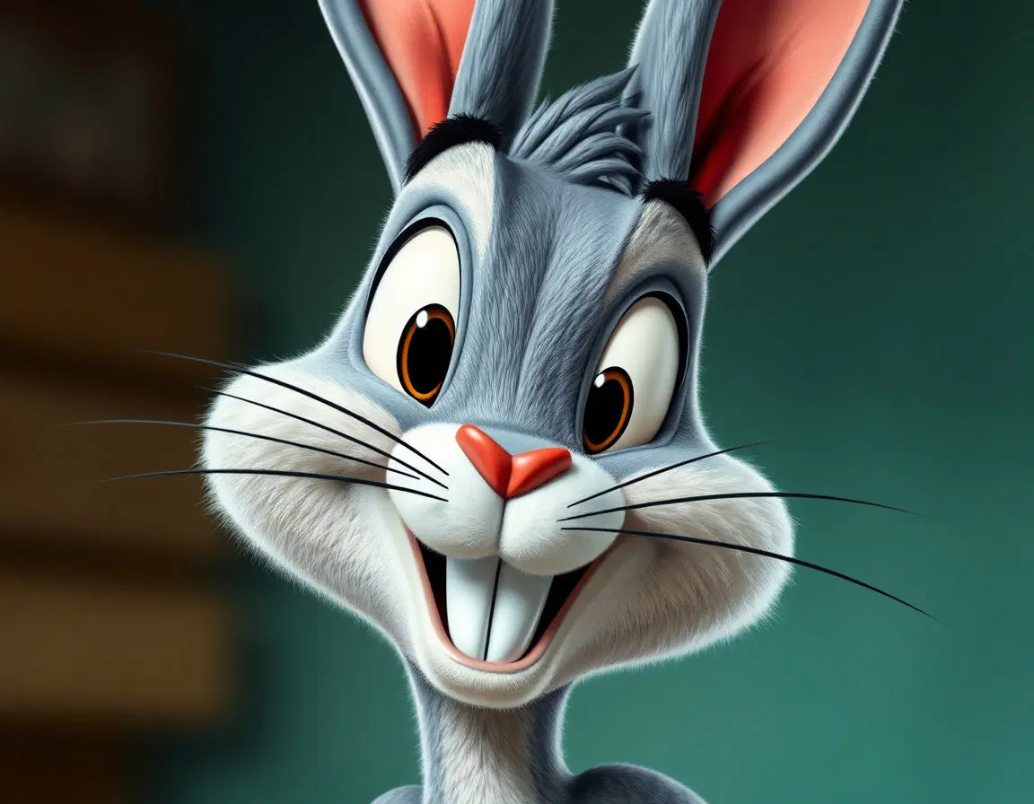 a realistic photograph of a rabbit with a stylized, exaggerated looney tunes cartoon appearance. imagine a warner bros. style cartoon character, but with a realistic texture and lighting. the rabbit should have large, cartoonish eyes, a prominent nose, and an exaggerated smile, all while maintaining a lifelike, photorealistic texture. incorporate the classic looney tunes color palette, with bright, vibrant colors and bold lines, applied to a highly detailed and realistic photorealistic representation of the subject.