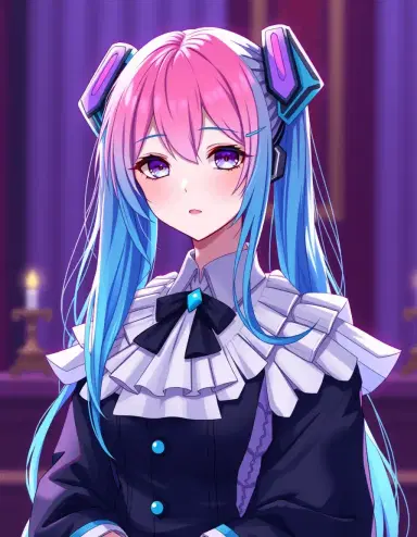 "hatsune miku, a digital idol of judicial demeanor, with a vibrant pink hair reforming the traditional virtual singer's formal attire and solemn profile."