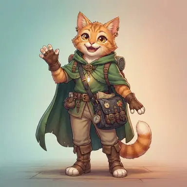 Anthro orange tabby cat adventurer original character, green cloak and satchel, cheerful grin, digital illustration