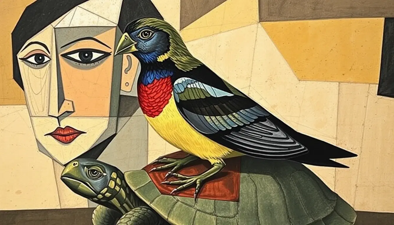 Cubist painting, geometric faces, picasso style, fragmented objects, angular shapes, abstract portrait of a bird on a turtle, cross-hatching.