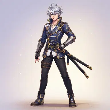 original anime male character design, full body, cool swordsman with silver hair and violet eyes, high-collar navy jacket with gold trim, katana sheathed at hip, confident stance, clean soft gradient studio background, digital illustration