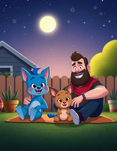 3D cartoon style, Bluey and Bingo sitting with their mom Chilli and dad Bandit in the backyard at night, clear starry sky above, warm cozy family moment, soft glowing moonlight