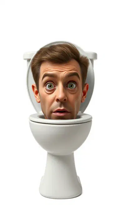 Skibidi Toilet character,
a white ceramic toilet with a realistic human male head emerging from the bowl,
recognizable Skibidi Toilet style,
wide unsettling eyes, exaggerated facial expression, slightly open mouth,
absurd brainrot meme aesthetic,
simple flat colors, low detail, minimal shading,
centered composition, plain neutral background,
intentionally stupid and uncanny