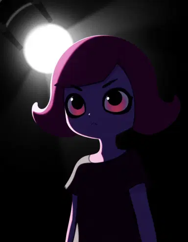an octoling girl from the splatoon universe is highlighted under a spotlight. the harsh light focuses intensely on her and she is surrounded by deep shadows, making her the central point of the scene.