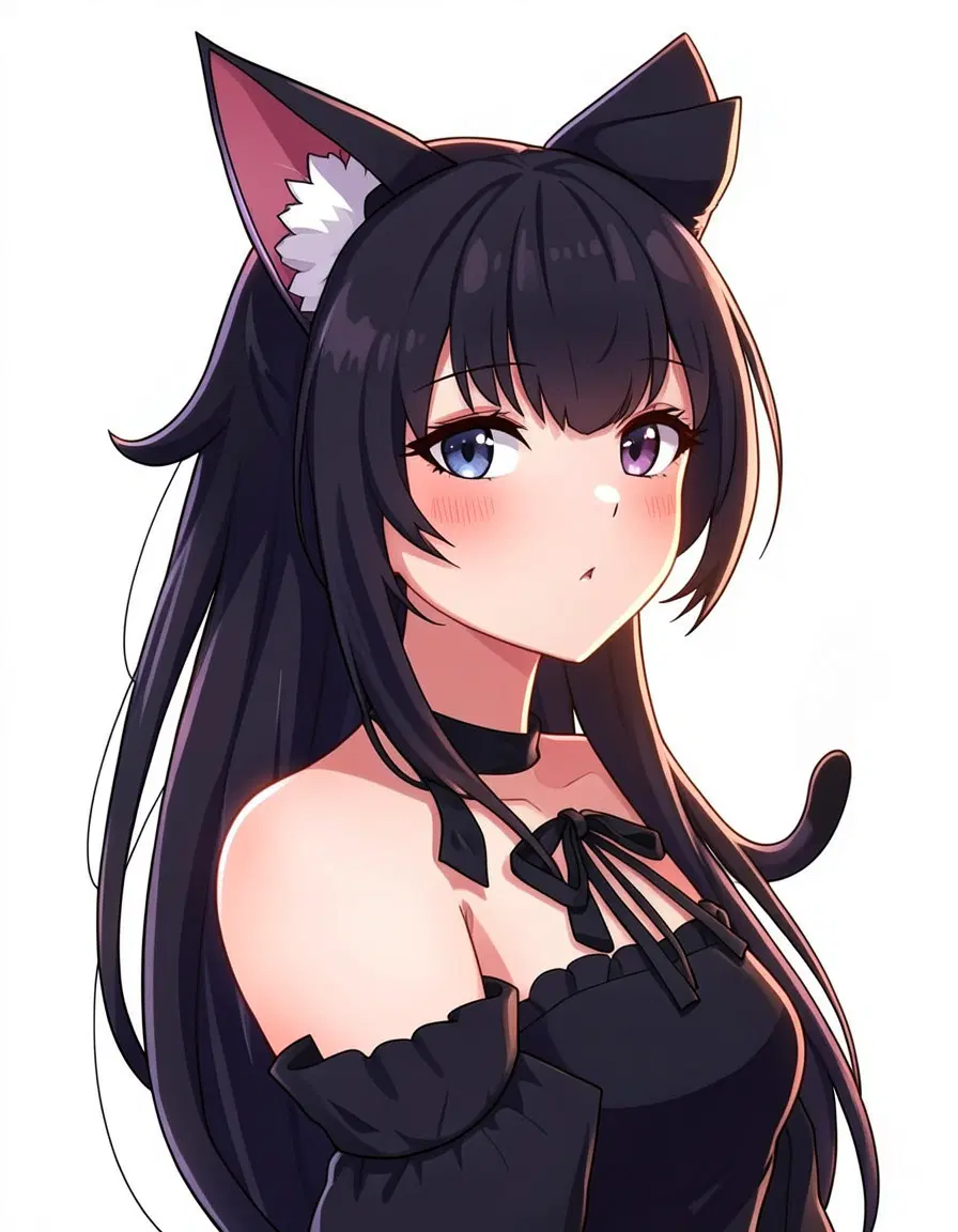 image 1 is catgirl. catgirl: vtuber character portrait of feminine, a girl, a nekomimi catgirl with cat ears and a long tail, long black bangs, cat ears, gothic and dramatic, black hair, clean anime vtuber model art, cel-shaded 2d illustration, crisp lineart, vivid colours, soft rim lighting, head and shoulders, facing forward, plain flat white background. vibrant, clean composition with soft rim light highlighting her gothic accessories, subtle shadows accentuating the cat ears and tail silhouette, crisp anime style, high detail, vivid color palette.