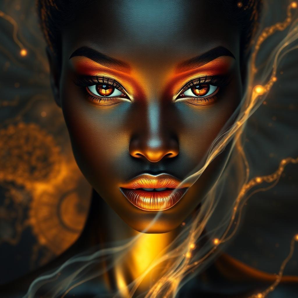 "A striking, high-fashion African American woman with deep, radiant ebony skin, adorned with elegant gold and copper accents that resemble flowing liquid metal across her face and body. Her eyes, now open, shine with an intense, piercing gaze, her irises an arresting fusion of rich bronze and fiery orange hues, intricately drawn with fine, sharp lines and flecks of darker gold, while her long, dramatic lashes softly frame her gaze. Her lips gleam with a luminous gold finish, reflecting a warm, ethereal glow, as she appears to concentrate on the otherworldly energies swirling around her, which are encapsulated within an abstract background of molten textures, swirling light, and cosmic energy."