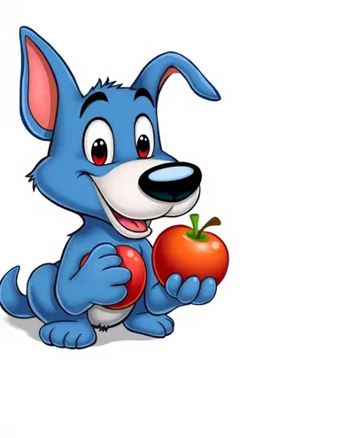 bluey the dog from the cartoon show bluey holding an apple, original art style of bluey, no background details, plain white background.