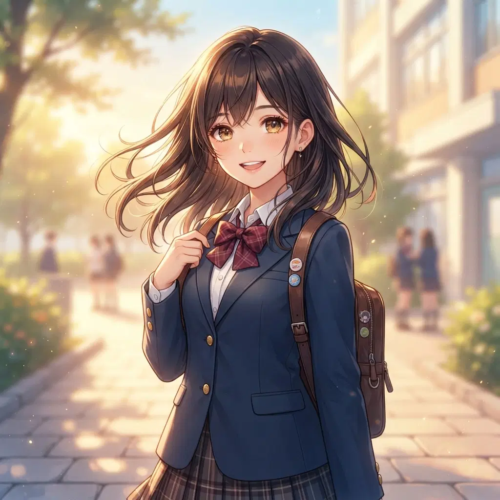 original character portrait: a student in a crisp school uniform standing in golden afternoon light, wind lifting her hair, warm hopeful expression, luminous soft-focus slice-of-life anime illustration, extremely detailed eyes and lighting, clean soft gradient studio background, vibrant, crisp high detail, digital illustration