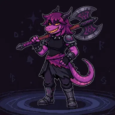Deltarune dark world style OC, tall purple dragon girl with jagged teeth grin and axe resting on shoulder, Toby Fox game art style, dark palette, clean background