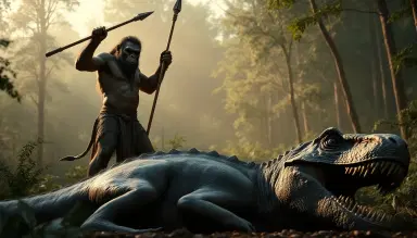 Cinematic prehistoric scene, a muscular tribal ape‑like creature standing triumphantly with a spear over a defeated dinosaur with horns, T-Rex or similar dinosaur lying down, prehistoric forest background, realistic lighting, epic adventure style, high detail, vibrant colors, dramatic composition, cinematic rendering, 16:9