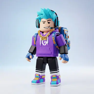 blocky 3D avatar character in roblox style, full body, cool avatar with cyan spiky hair, purple hoodie with gold chain, backpack and headphones, bright plastic toy render, studio lighting