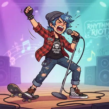 Original rhythm game character, punk skater kid with blue spiky hair, shouting into microphone, bold flat 2D cartoon style