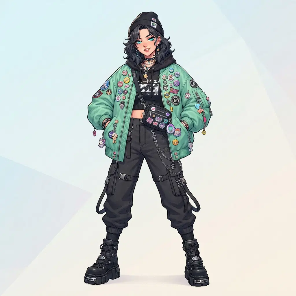 original character wearing a layered streetwear outfit, oversized mint jacket, cargo pants, chunky boots, lots of pins and charms, full body, anime style, outfit design focus, clean soft gradient studio background, vibrant, crisp high detail, digital illustration