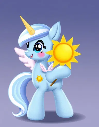 'My Little Pony' style. Trixie Lulasun is
Alicorn (winged unicorn) Light blue fur. Bulky mane and tail with white and light blue stripes. Black eyes. Cutie mark: a yellow sun with a wand, standing, right front paw raised elegantly. Looking back over my shoulder. A confident and mischievous smile.