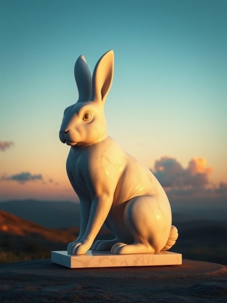 A marble-like rabbit figure, posed heroically in a classical landscape at sunset, with the horizon line below the center, gentle shadows and soft details, surrounded by different shades of blue, from light sky blue to deep navy, and a clear sky with a few fluffy clouds, with empty space around the rabbit to emphasize its idealized form and graceful pose.