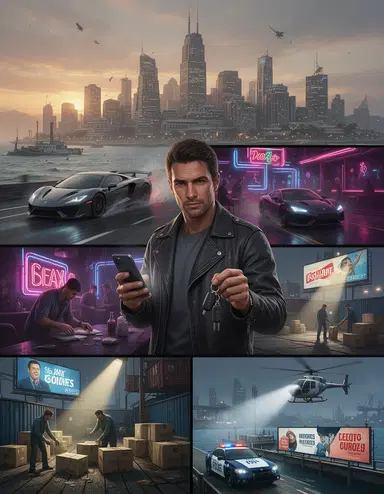 Video game cover key art, original modern crime-sandbox open world, collage composition with 6β8 panels: gritty coastal megacity skyline at sunset, main protagonist in foreground holding a smartphone and car keys (not a real person), sports car chase, neon nightclub scene, dockyard smuggling scene, police helicopter spotlight, satirical billboard ads with fictional brands, cinematic lighting, high detail, sharp focus, premium AAA cover art, no text, no logo
Negative (falls mΓΆglich):
no existing logos, no brand names, no famous characters, no real city names, no watermark