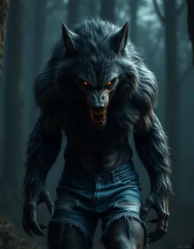 Hyperrealistic werewolf in 8K, covered in detailed thick fur, glowing yellow eyes, blood on fangs and claws, wearing torn denim shorts, standing in a dark foggy forest, muscular and brutal, snarling face, cinematic lighting, wet fur, dramatic shadows, horror atmosphere