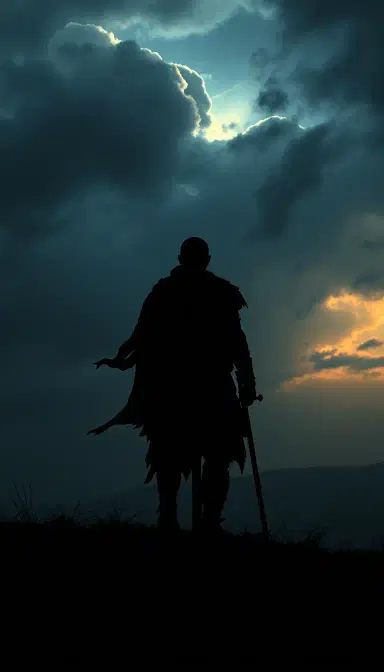 A dark cinematic fantasy scene showing the silhouette of a lone warrior standing on a hill at dusk, sword resting on the ground, tattered cloak blowing in the wind, storm clouds overhead, faint light breaking through the sky, somber and epic tone, inspired by The Lord of the Rings, ultra-detailed lighting, minimal color palette