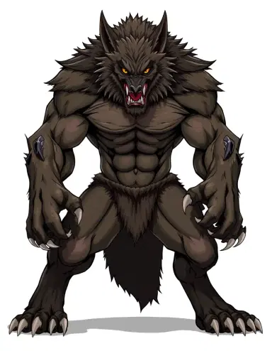 A powerful anthropomorphic werewolf standing tall, extremely muscular and fierce-looking. It has sharp claws, pointed ears, and a thick mane of fur around its neck and shoulders. The werewolfβs expression is aggressive with bared fangs and intense eyes. Its body is covered in fur except for some visible muscular areas, emphasizing strength and power. The pose is front-facing, with clenched fists and a confident
