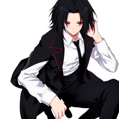 a guy with medium length black hair that reaches his neck and Crimson Red eyes and is wearing a long-sleeved white shirt, a tie, a black coat, and black pants and black shoes in anime style
