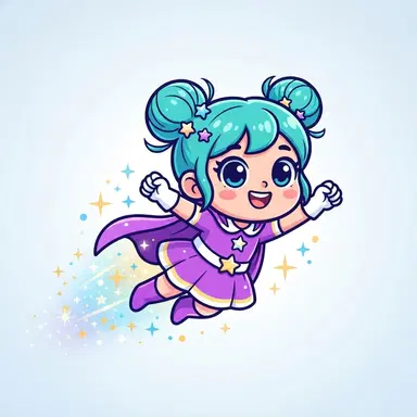original chibi superhero girl flying with sparkle trail, purple dress, teal space buns, thick outlines, flat cartoon colors
