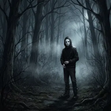 Creepypasta style OC, masked forest proxy with white mask and black hoodie standing in foggy woods, eerie digital art, no gore, moonlight, dark atmosphere