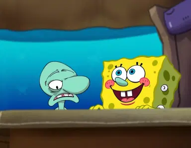 Squidward Tentacles and SpongeBob SquarePants in underwater scene, Squidward looking bored and annoyed, SpongeBob smiling widely behind counter, blue ocean background with faint jellyfish outlines, 2D cartoon style, vibrant colors, expressive character design, shallow depth of field, cinematic lighting.