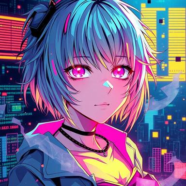 Create an image of an edgy, glitch art-inspired egirl caught in a surreal, fragmented reality. Her hair and skin should be transformed into vivid, neon-hued polygons, and her eyes should radiate a luminescent glow reminiscent of malfunctioning monitors. She is dressed in a tattered, cyberpunk-style outfit and is enveloped by swirling mists of corrupted code. The illustration should feature a striking high-contrast style that combines classic anime aesthetics with digital glitch art, drawing inspiration from the works of Ryoji Ikeda and Cryptobiosis.