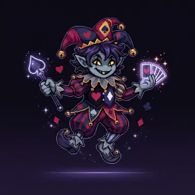 Deltarune dark world style OC, small mischievous jester imp with grey skin and playing card motif, Toby Fox game art style, dark carnival palette, clean background