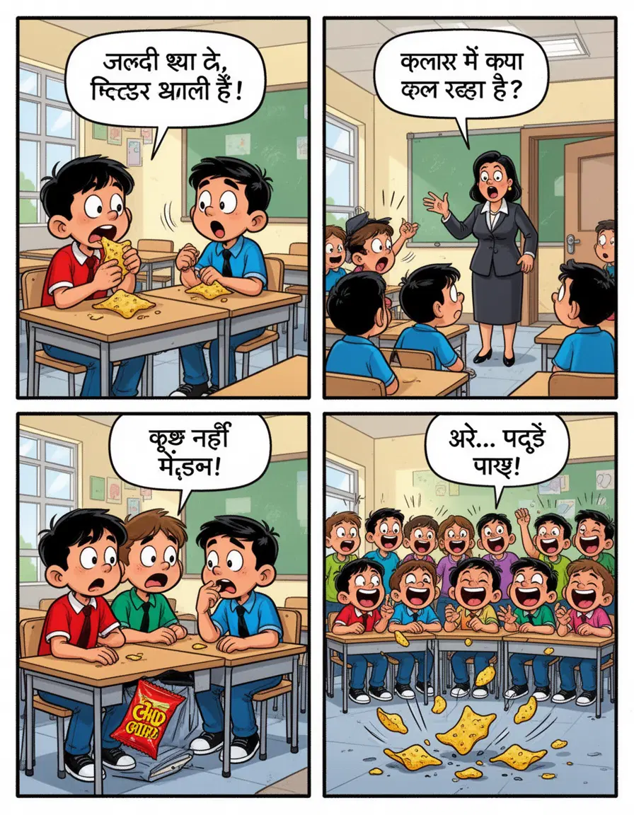 cartoon comic strip, 4 panel layout, bright colorful cartoon style, bold black outlines, expressive characters, school classroom background, funny story, vibrant comic book illustration
Panel 1: two students sitting in class, one secretly eating chips, Hindi speech bubble: "जल्दी खा ले, टीचर आने वाली हैं!"
Panel 2: teacher entering classroom, students surprised, Hindi speech bubble from teacher: "क्लास में क्या चल रहा है?"
Panel 3: chips packet hidden under desk, students nervous, Hindi speech bubble: "कुछ नहीं मैडम!"
Panel 4: chips falling on the floor, whole class laughing, Hindi speech bubble: "अरे… पकड़े गए!"
clean comic panel borders, speech bubbles with Hindi text, playful humor, cartoon expressions, high detail comic illustration