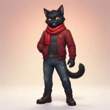 Anthro black cat original character with golden eyes, red scarf and jacket, confident pose, digital illustration