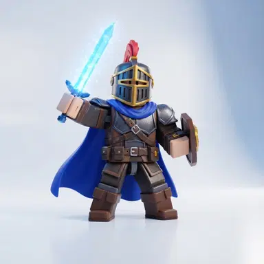 blocky 3D avatar character in roblox style, full body, adventurer avatar with knight helmet, blue cape and glowing sword accessory, bright plastic toy render, studio lighting