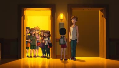 βA dimly lit apartment lobby bathed in yellow light with two open elevator doors side by side. A group of smiling cartoon tourists with colorful bags enter one elevator. A tall, scruffy male cartoon character with messy hair and a dirty white tank top stands just behind them, watching. Amanda waits near the other elevator door. Ghibli-style, warm yellow lighting, tense mood.β