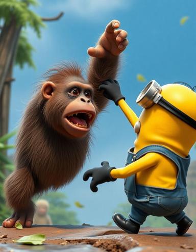 Minion from despicable me fighting an orangutan in a