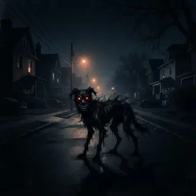 Creepypasta style OC, grinning shadow dog with glowing red eyes in dark suburban street, eerie digital art, no gore, night atmosphere