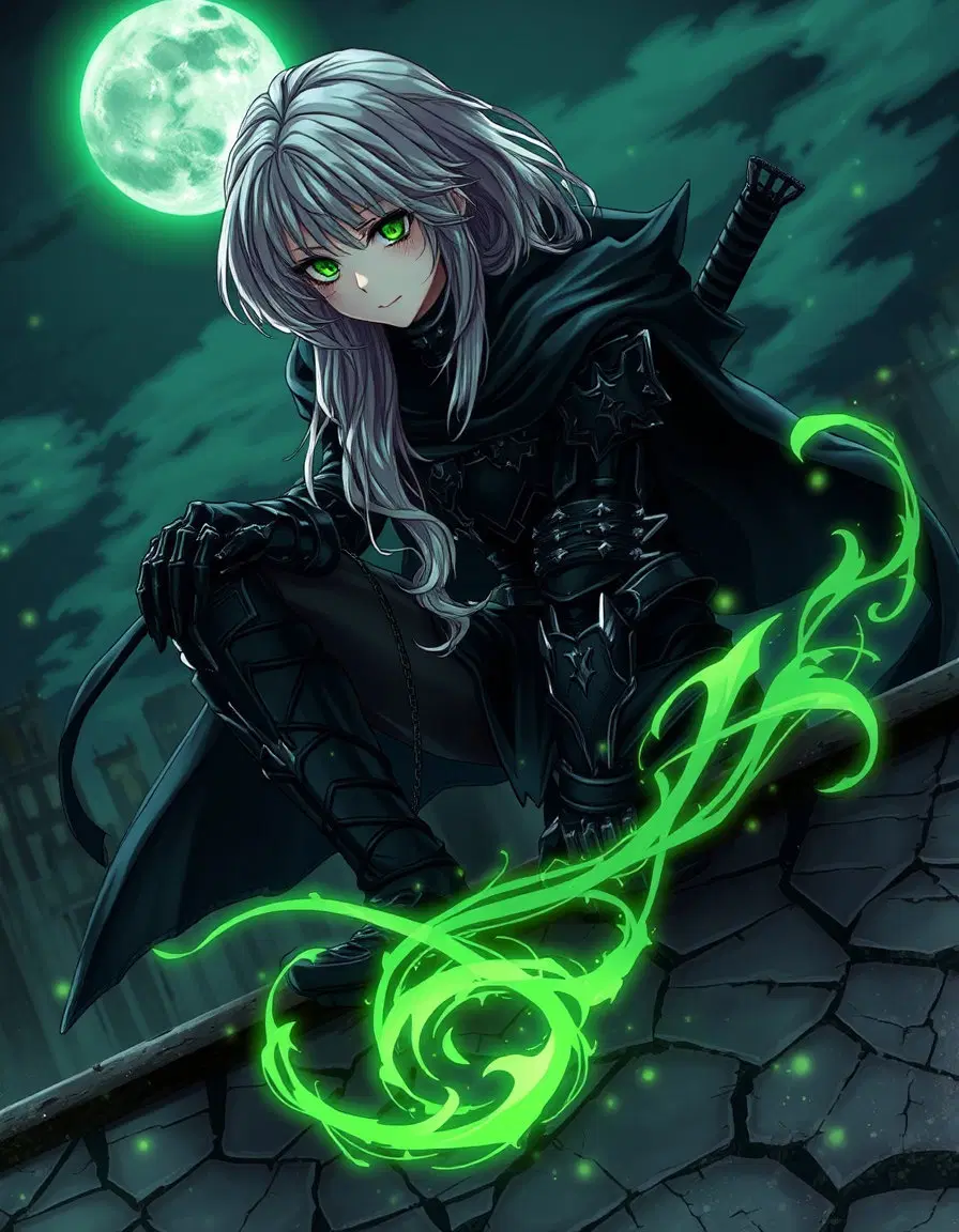 anime female assassin with shoulder‑length wavy silver hair and green eyes, clad in black leather demonic armor, cloak and hidden blades, crouching on a gothic rooftop at night under green moonlight, dramatic atmosphere, cracked and parched texture with deep fissures and brittle leather, swirling green energy ribbons and shadow effects, cinematic anime style.