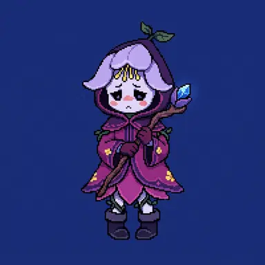 Deltarune dark world style OC, shy flower court mage with petal hood, Toby Fox game art style, dark world palette, cel shaded, clean background