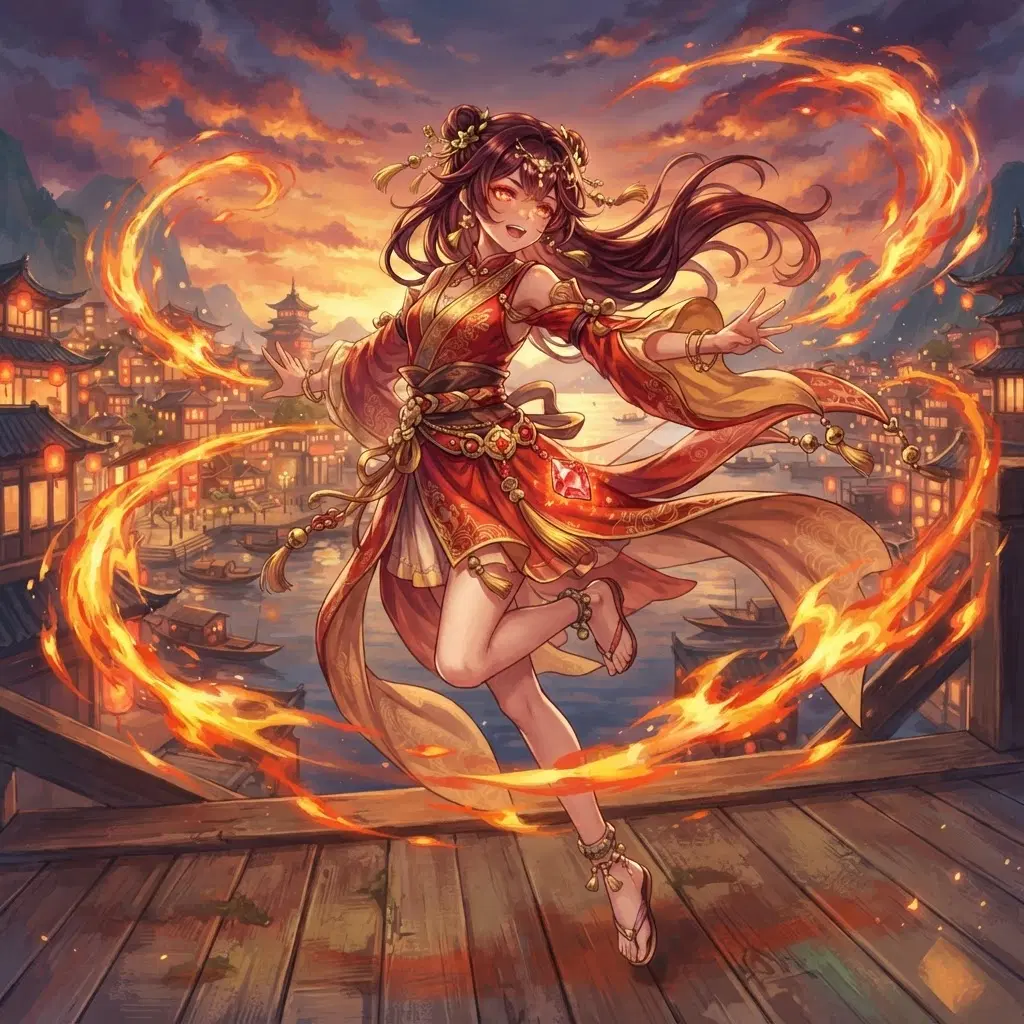 fantasy anime girl in a red and gold silk outfit inspired by a lantern harbour city, flame trails around her hands, a small glowing red gem on her hip, painterly sunset sky, dynamic pose, full body