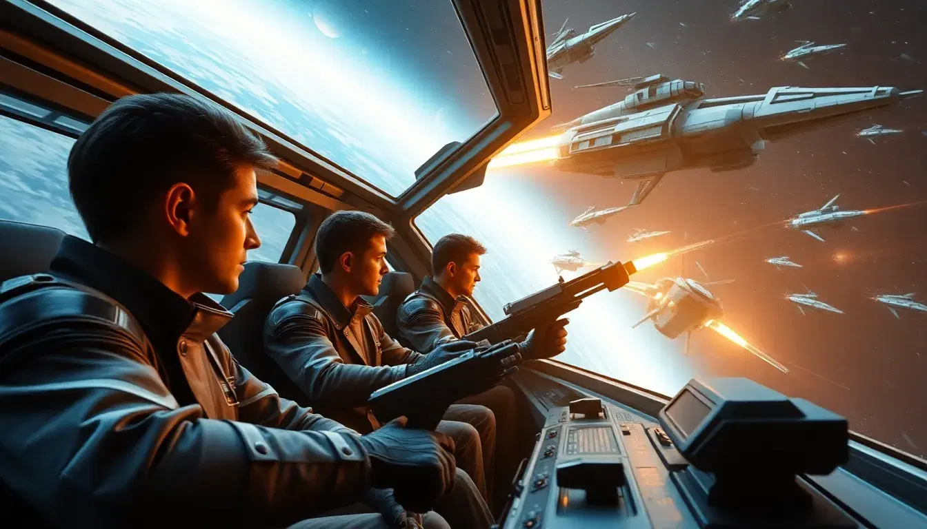 A Sci-Fi Spaceship crew, photo realistic. They are fighting in a battle against enemy spaceships. They are inside their spaceship and operating the weapon systems.