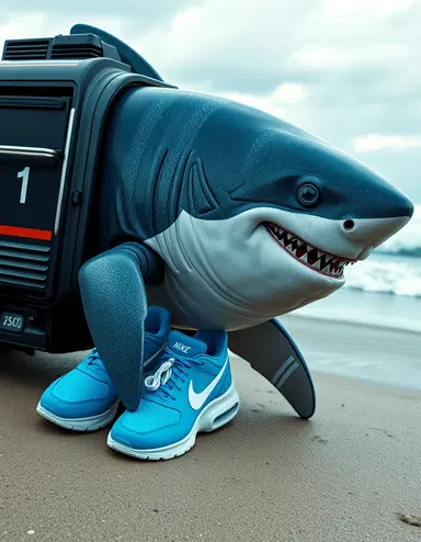 A surreal hybrid creature, a futuristic train with the body of a shark, wearing bright blue Nike sneakers, hyper-realistic, ultra-detailed, 4K resolution, cinematic lighting, ocean beach background with dramatic waves, fantasy surrealism, brainrot aesthetic, absurd but funny, photorealistic textures, sharp details, wide-angle cinematic shot